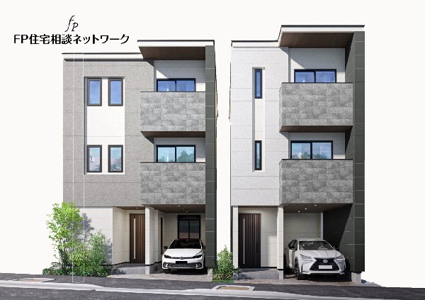 外観:完成予想イメージ：スタイリッシュなデザイナーズ住宅！室内にもアクセントクロスを採用し注文住宅の様なお洒落な空間です。