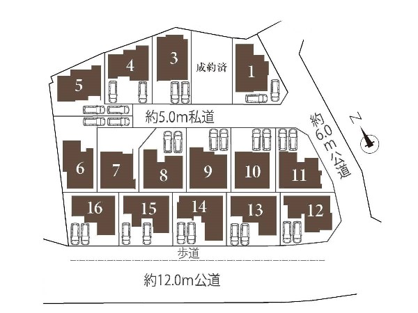 区画図:土地面積130m2以上のゆとりの敷地に全16棟の大規模分譲地です。