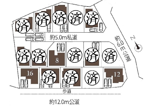 区画図:土地面積130m2以上のゆとりの敷地に全16棟の大規模分譲地です。