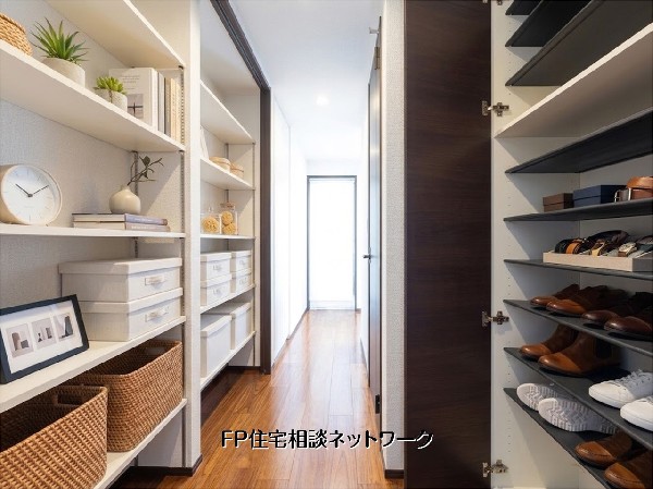 【シューズボックス│クローゼット】  本画像はAIがCGで家具を作成しており、実際の現地に家具は設置されておりません。また、販売価格に家具等は含まれておりません。