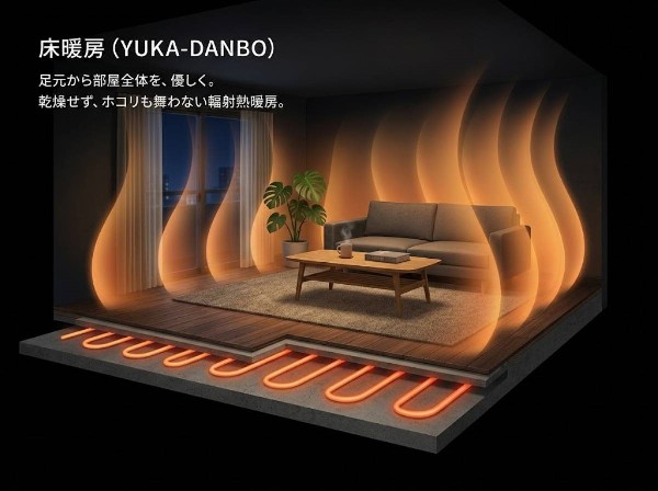 設備足元から部屋全体を優しく暖める暖房器具です。温風が出ないため、空気が乾燥せずホコリも舞い上がらないのが特徴。輻射熱により効率よく均一に空間を暖めます。