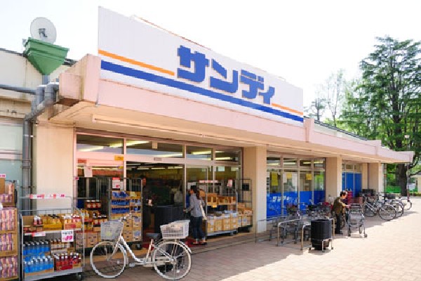 周辺環境:サンディつつじヶ丘店(平屋の店内では、品数を定番商品に絞って扱い、仕入れたときの段ボール梱包のままで商品を陳列し、買い物袋を配布せずに客に持ってきてもらうか有料で配布しています。)